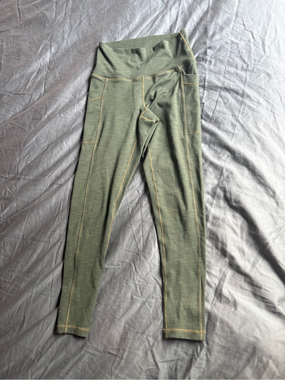 Prana Olive Green Leggings with Yellow Contrast Stitching